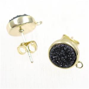 black druzy quartz earring studs, flat-round, gold plated, approx 10mm dia