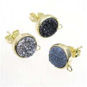 druzy quartz earring studs, mix color, flat-round, gold plated, approx 10mm dia