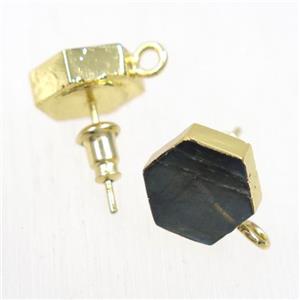 Labradorite earring studs, hexagon, gold plated, approx 10mm dia