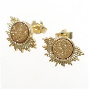gold champagne Druzy Agate Earring Studs, gold plated, approx 7.5mm