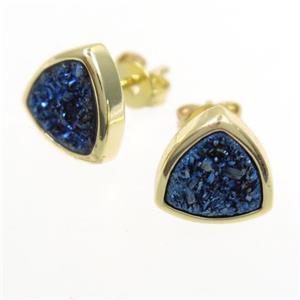 blue electroplated Druzy Agate Earring Studs, triangle, gold plated, approx 10mm