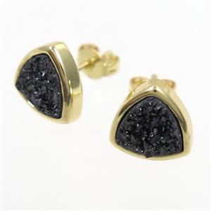 black Druzy Agate Earring Studs, triangle, gold plated, approx 10mm