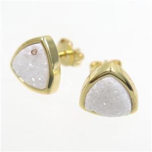white AB-color Druzy Agate Earring Studs, triangle, gold plated, approx 10mm