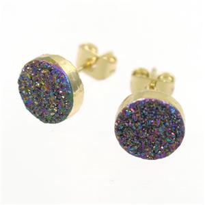 rainbow Druzy quartz Earring Studs, gold plated, approx 8mm dia