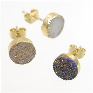 Druzy quartz Earring Studs, mixed color, gold plated, approx 8mm dia