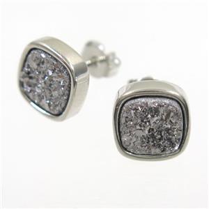 silver Druzy quartz Earring Studs, square, platinum plated, approx 10x10mm