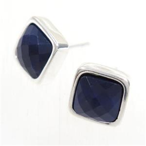 blue Lapis earring studs, square, platinum plated, approx 10mm