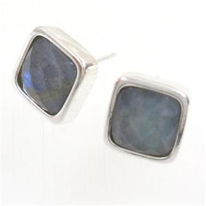 Labradorite earring studs, square, platinum plated, approx 10mm