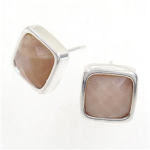 peach Moonstone earring studs, square, platinum plated, approx 10mm