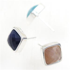 mixed gemstone earring studs, square, platinum plated, approx 10mm