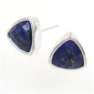 blue Lapis Lazuli earring studs, triangle, platinum plated, approx 10mm