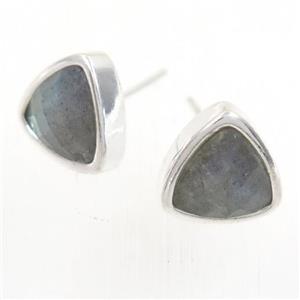 Labradorite earring studs, triangle, platinum plated, approx 10mm