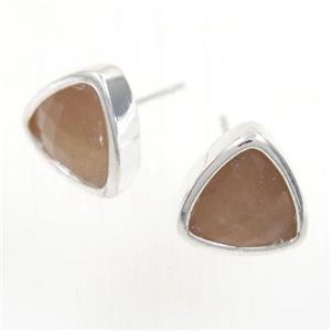 peach MoonStone earring studs, triangle, platinum plated, approx 10mm