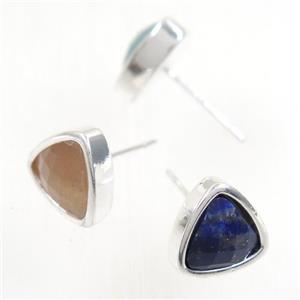 mixed gemstone earring studs, triangle, platinum plated, approx 10mm