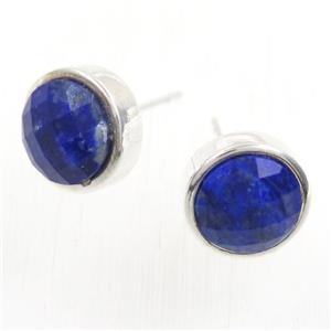 blue Lapis Lazuli earring studs, circle, platinum plated, approx 10mm