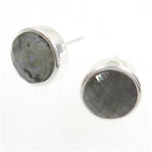 Labradorite earring studs, circle, platinum plated, approx 10mm