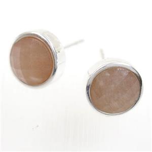 peach MoonStone earring studs, circle, platinum plated, approx 10mm