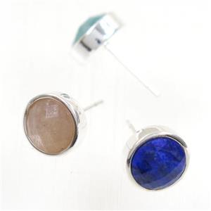 mix gemstone earring studs, circle, platinum plated, approx 10mm