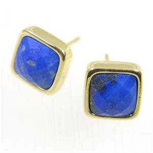 blue Lapis Lazuli earring studs, square, gold plated, approx 10mm