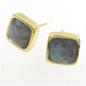 Labradorite earring studs, square, gold plated, approx 10mm