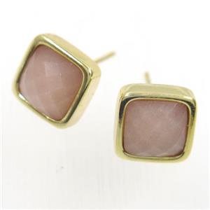 peach MoonStone earring studs, square, gold plated, approx 10mm