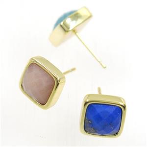 mixed gemstone earring studs, square, gold plated, approx 10mm