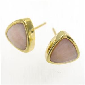peach MoonStone earring studs, triangle, gold plated, approx 10mm