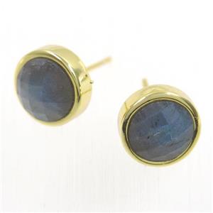 Labradorite earring studs, circle, gold plated, approx 10mm