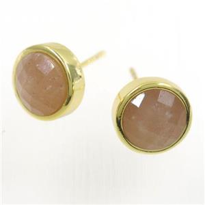 peach MoonStone earring studs, circle, gold plated, approx 10mm