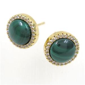 green Malachite earring studs paved zircon, circle, gold plated, approx 11mm dia