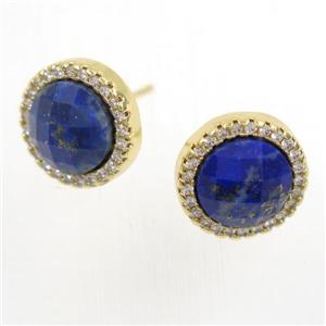 blue Lapis Lazuli earring studs paved zircon, circle, gold plated, approx 11mm dia