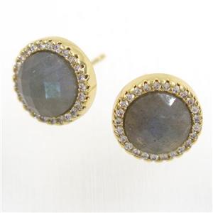 Labradorite earring studs paved zircon, circle, gold plated, approx 11mm dia