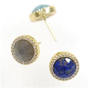 mix gemstone earring studs paved zircon, circle, gold plated, approx 11mm dia