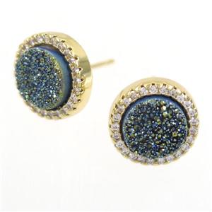 green Druzy Quartz earring studs paved zircon, circle, gold plated, approx 12mm dia