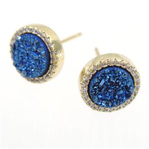 blue Druzy Quartz earring studs paved zircon, circle, gold plated, approx 12mm dia