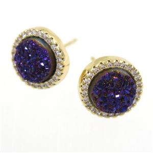 purple Druzy Quartz earring studs paved zircon, circle, gold plated, approx 12mm dia