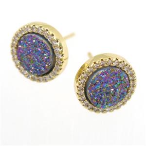 rainbow Druzy Quartz earring studs paved zircon, circle, gold plated, approx 12mm dia