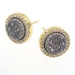 silver Druzy Quartz earring studs paved zircon, circle, gold plated, approx 12mm dia