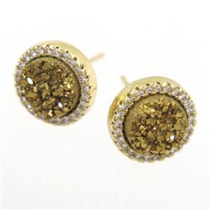 golden Druzy Quartz earring studs paved zircon, circle, gold plated, approx 12mm dia