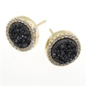 black Druzy Quartz earring studs paved zircon, circle, gold plated, approx 12mm dia