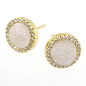 white AB-color Druzy Quartz earring studs paved zircon, circle, gold plated, approx 12mm dia
