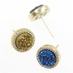 mix color Druzy agate earring studs paved zircon, circle, gold plated, approx 12mm dia