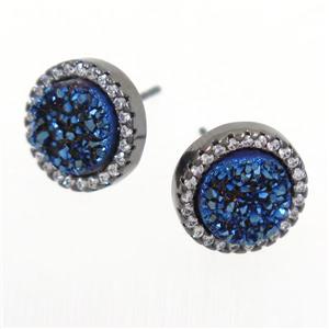 blue Druzy Quartz earring studs paved zircon, circle, black plated, approx 12mm dia
