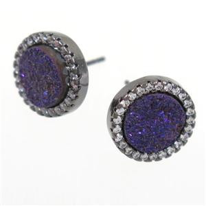 purple Druzy Quartz earring studs paved zircon, circle, black plated, approx 12mm dia