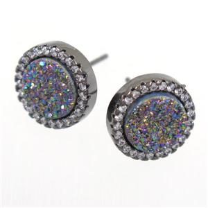 rainbow Druzy Quartz earring studs paved zircon, circle, black plated, approx 12mm dia