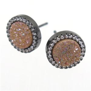 gold champagne Druzy Quartz earring studs paved zircon, circle, black plated, approx 12mm dia