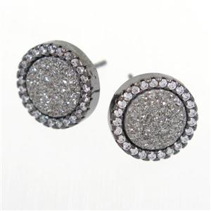 silver Druzy Quartz earring studs paved zircon, circle, black plated, approx 12mm dia