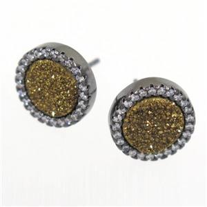 gold Druzy Quartz earring studs paved zircon, circle, black plated, approx 12mm dia