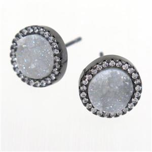 white AB-color Druzy Quartz earring studs paved zircon, circle, black plated, approx 12mm dia