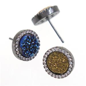 mix color Druzy Quartz earring studs paved zircon, circle, black plated, approx 12mm dia